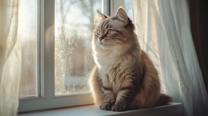 Fluffy tabby cat sitting by sunlit window