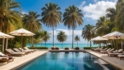 With magnificent coconut palm trees standing in the early morning, the resort's beautiful outdoor pool is surrounded by an opulent umbrella and chair arrangement.
