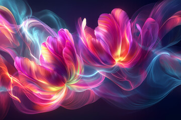 A glowing bouquet of tulips with abstract digital petals, symbolizing spring and beauty