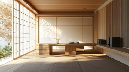 Naklejka premium Tranquil Japanese Interior with Natural Light and Minimalist Design