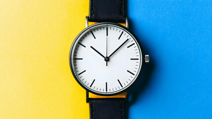 Minimalist wristwatch on vibrant yellow and blue background, showcasing time management and punctuality; ideal for business or lifestyle contexts