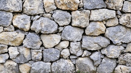 Obraz premium Dry stone wall texture background. Grey and beige stones, rough surface. Close-up.