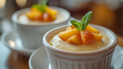 Culinary Art of Crema Catalana: An Elegant Dessert Presentation in Delicate Ramekins with Fruit and Mint for Fine Dining