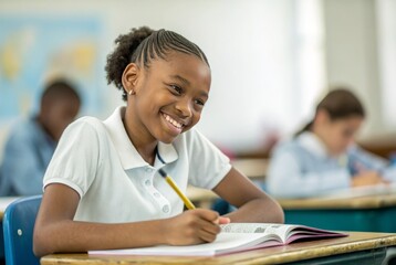 Afro Girl at School, Sitting at Table Writing on Book