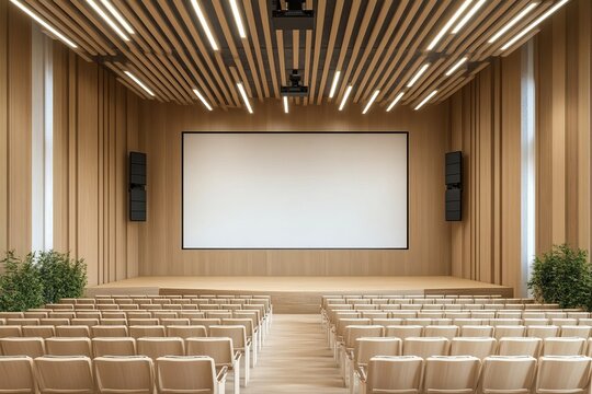 Modern auditorium with wooden seats and large screen for conferences and presentations