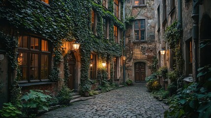 Fototapeta premium Serene Ivy-Covered Alleyway with Warm Lanterns in Historic City