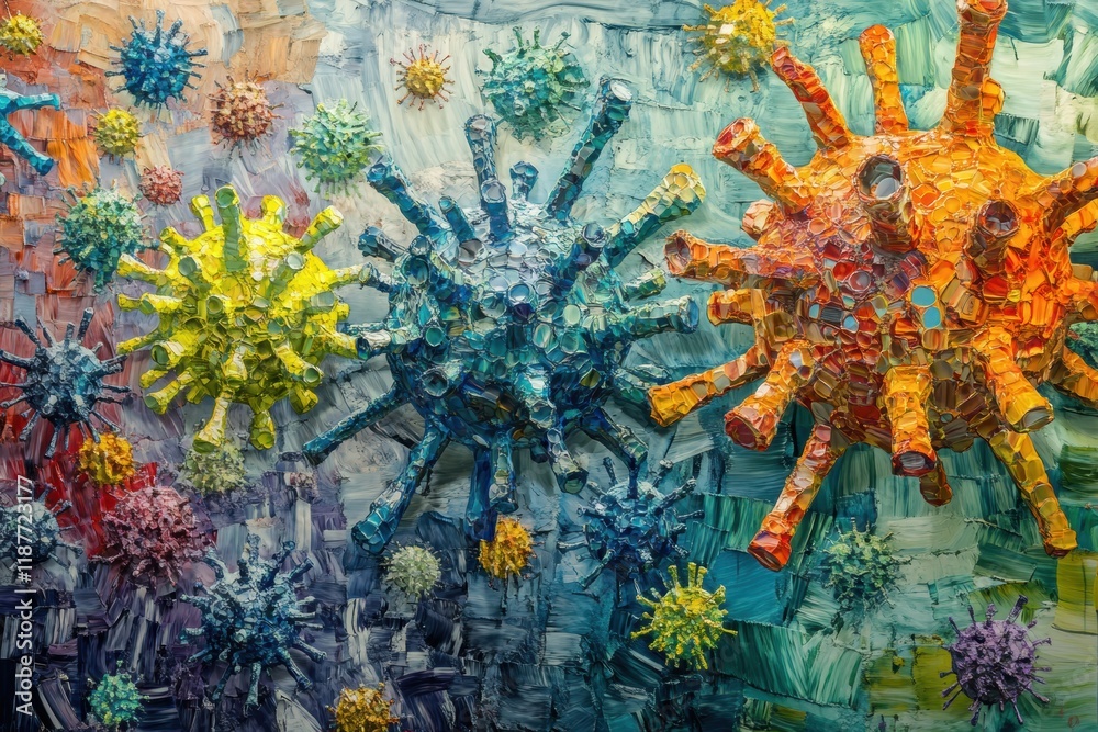 Poster virus transformation and mutation depicted through colorful abstract art reflecting the dynamics of 