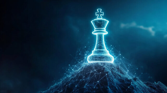 Futuristic holographic chess king projected above digital landscape, symbolizing strategy and intelligence in modern context