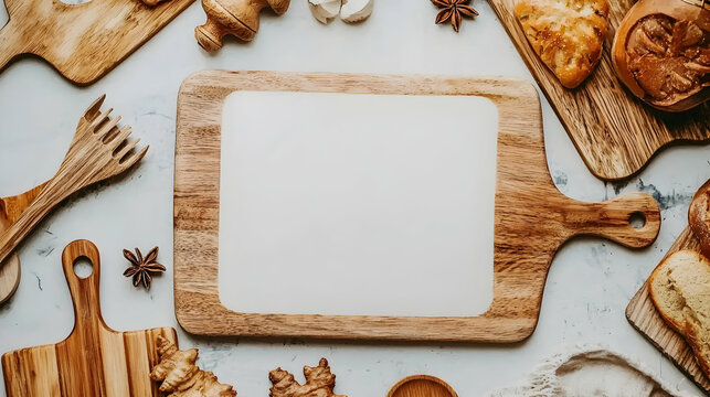 Blank wooden board surrounded by baking ingredients and utensils on marble background for recipe or food blog