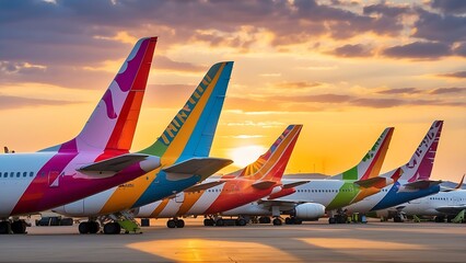 A wide-angle shot of a colourful variety of aeroplane tails parked at a busy airport apron as the sun started to set on a warm summer evening produced a captivating vision against a backdrop of brilli