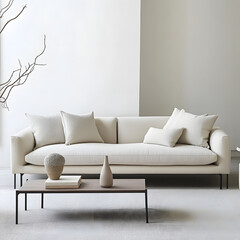 minimalist modern sofa designed with simplicity in mind, featuring soft cushions and neutral color palette. elegant decor enhances serene atmosphere of space