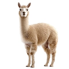 Fototapeta premium Fluffy alpaca standing, white background, farm animal portrait, website design