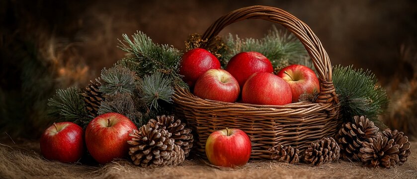 Autumn harvest Red apples in wicker basket, pine cones, rustic background. Thanksgiving