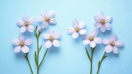 Obraz premium Pastel flowers on blue background, spring bloom, flatlay, nature beauty, greeting card design