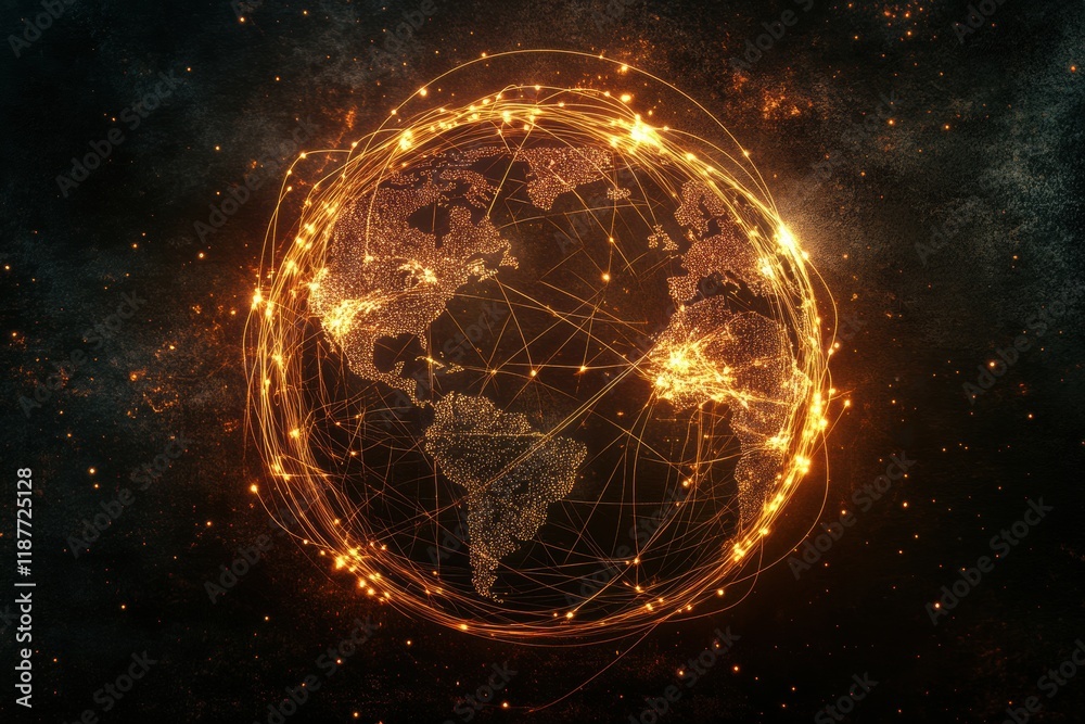 Leinwandbilder Glowing network of connections representing global communication and interaction across continents and regions. Generative AI