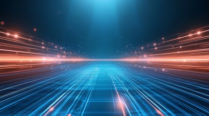 Futuristic digital grid with glowing light trails and technology concept