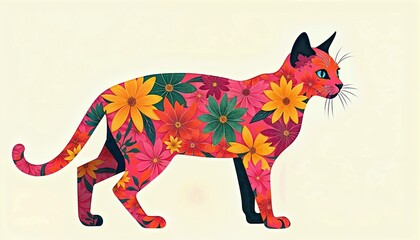 A colourful illustration of a cat, in bright flowers, symbolising March and the arrival of spring.