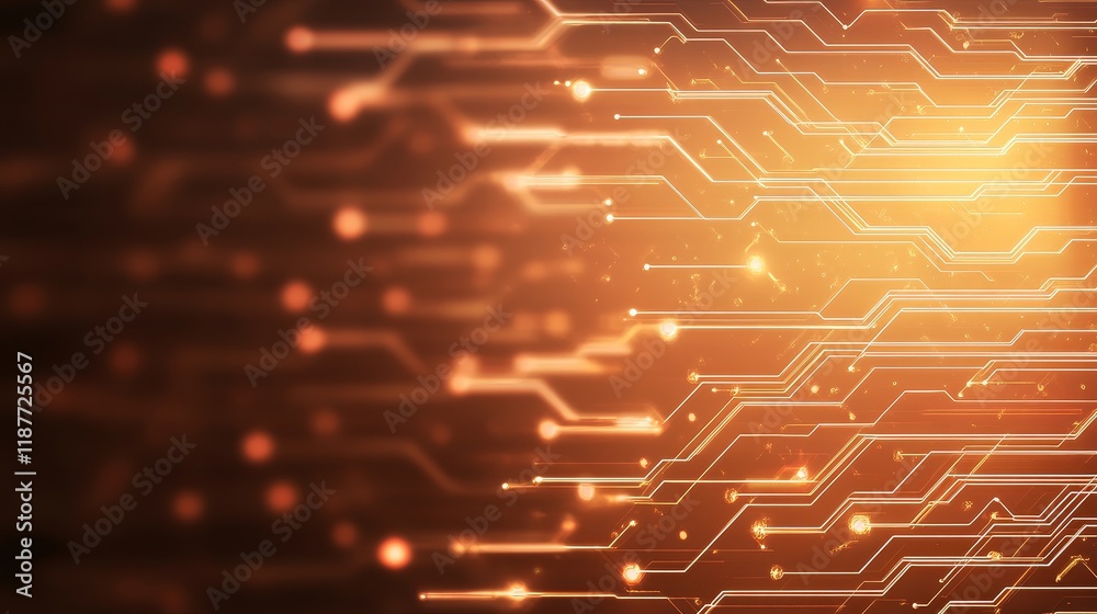 Wall mural glowing circuit lines on abstract orange background with digital connections