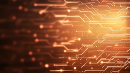 Glowing circuit lines on abstract orange background with digital connections