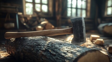 Axe on log in rustic workshop