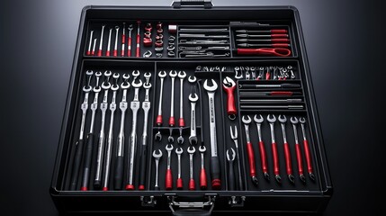 Obraz premium Stylish and Organized Tool Set in a Black Case with Red Accents