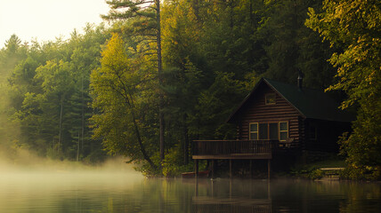 Fototapeta premium Quiet Lakeside Mountain Cabin. Dawn mist rising from lake, deck view. Secluded & peaceful retreat. Tranquil mountain lake cabin scene
