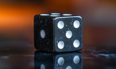 Black die, four showing, dark background, gambling concept