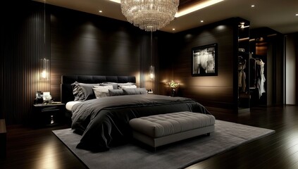 Fototapeta premium Elegant Black Bedroom Interior Design With Chandelier