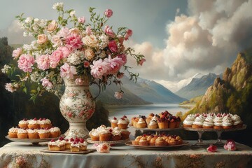Fototapeta premium Floral arrangement with pastries. Perfect for websites, blogs, or articles about baking, flowers, or spring.