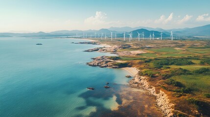 Fototapeta premium Coastal Wind Farm Scenic Ocean View Landscape
