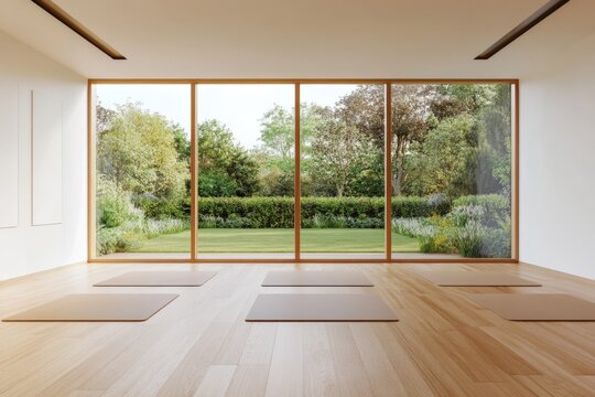 Fototapeta Serene yoga studio with garden view and wooden flooring