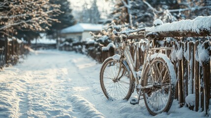 Bicycle Parked on Snowy Pathway Surrounded by Wooden Fence
