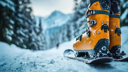 Vibrant Snowboard Boots on Powdery Snow Path in Winter Wonderland