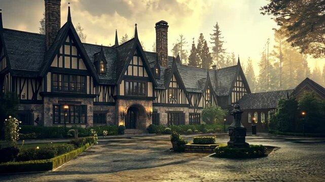 Grand Tudor-style mansion set against a dramatic forest backdrop in the evening light