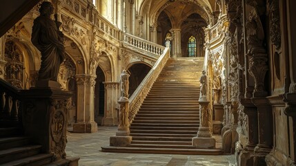 Naklejka premium Majestic Interior View of Historic Staircase with Ornate Architecture