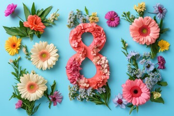 Floral number eight surrounded by colorful blooms on blue background