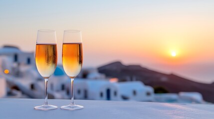 Two champagne flutes at sunset overlooking a picturesque village.