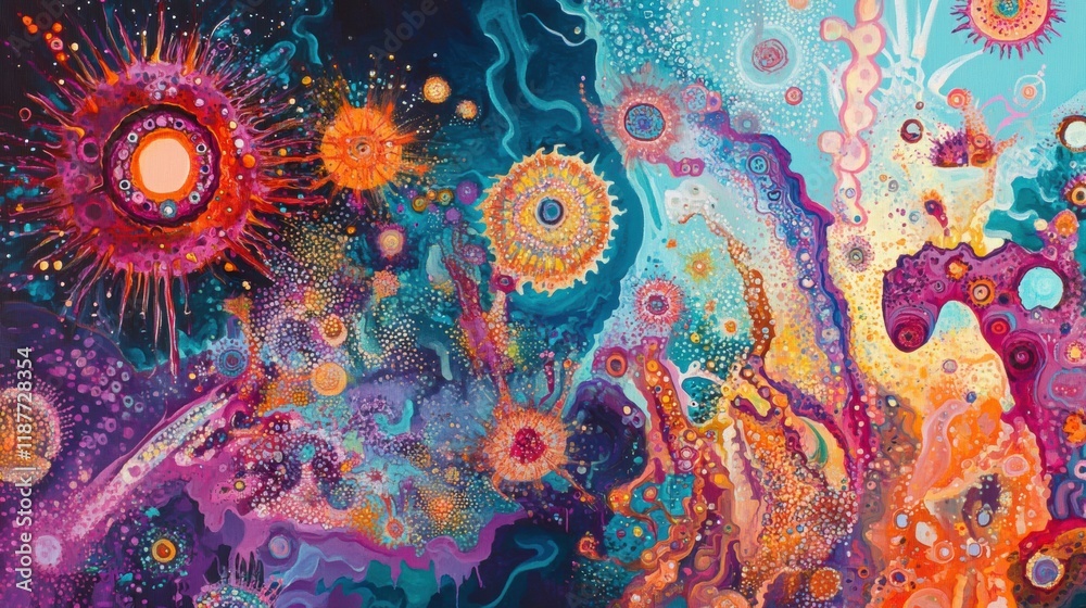 Poster virus transforms and mutates in a colorful abstract representation showing evolution and complexity 