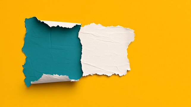Torn paper with teal and white sections on yellow background.