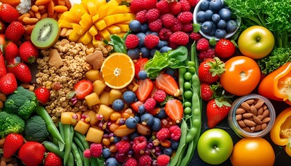 Vibrant fresh produce arrangement local market food photography natural light aerial view healthy eating concept