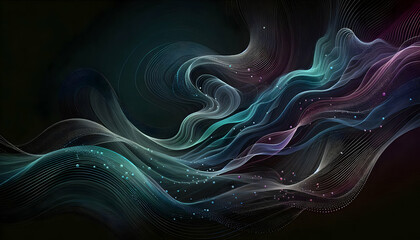 Obraz premium Background A dark background with irregular, curved abstract lines in shades of teal, purple, and silver, formi2