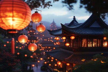 Serene evening with lanterns in traditional asian village