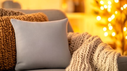 A cozy scene featuring a gray pillow and a knitted blanket on a sofa, with warm lighting.