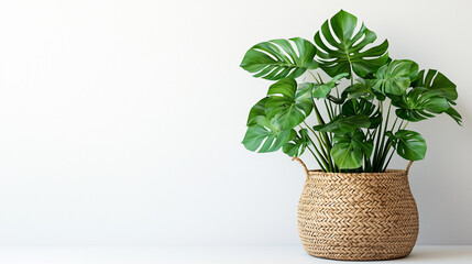 Fototapeta premium A lush monstera plant in a wicker basket set against a minimalist white background. 
