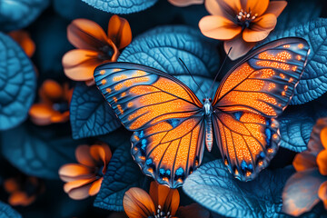 A glowing butterfly with digital wings hovering over neon flowers, symbolizing beauty and harmony in nature