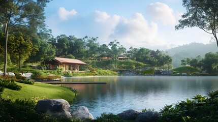 Serene Lakeside Village Houses Nestled In Lush Green Hills