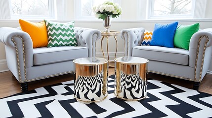 Modern Living Room Interior Design  Gray Sofa  Gold Tables  Chevron Rug