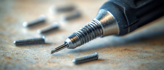 Naklejka premium Close-up of micro-screws and a precision tool