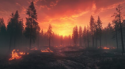 Majestic Forest Fire at Dusk with Colorful Sunset Sky