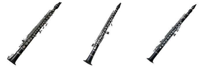Clarinet, glossy black finish with silver keys, 3D watercolor illustration collection, PNG transparent background, clipart style